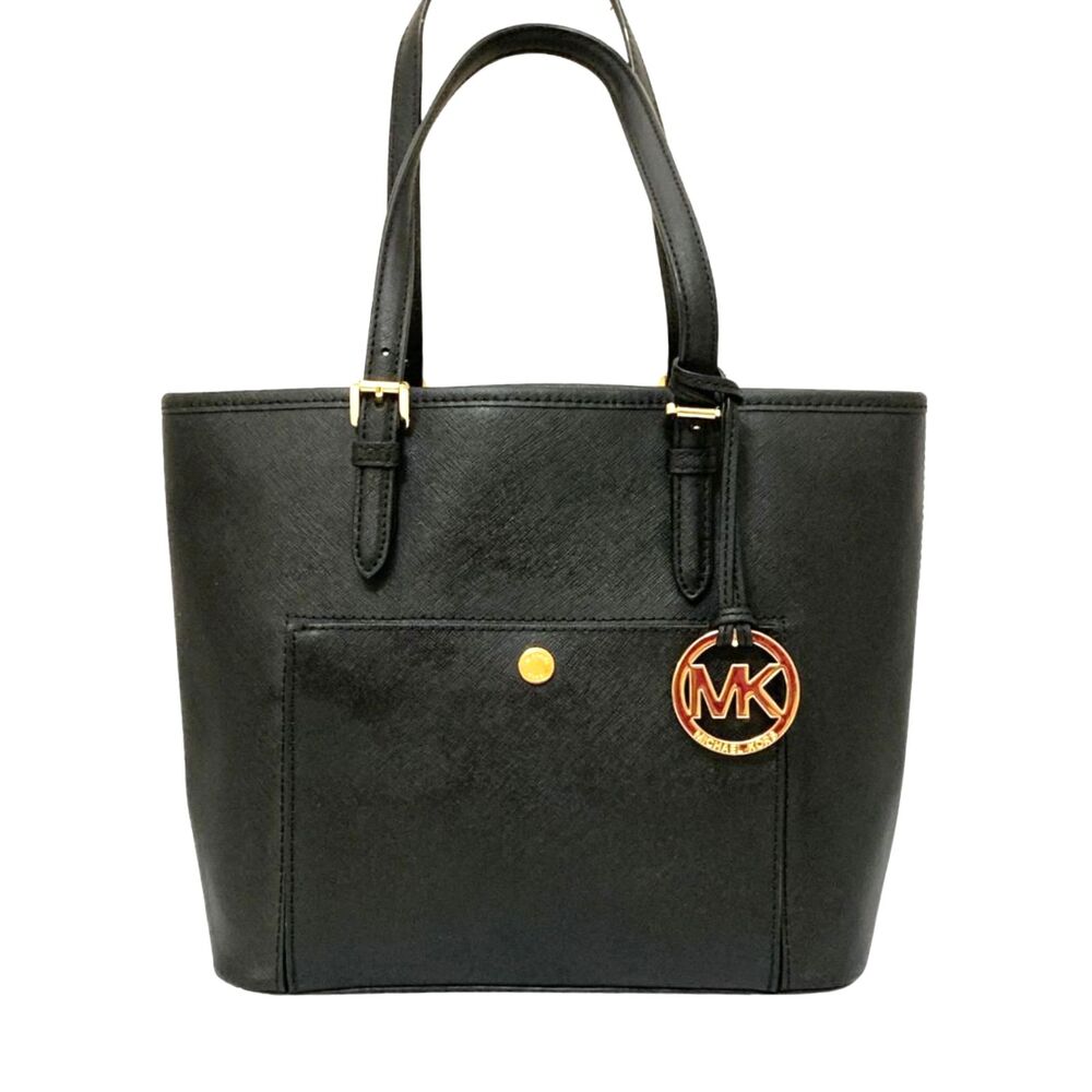 Michael Kors Black Saffiano Tote Shoulder Bag Gold MK Charm Front Pocket